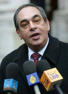 Palestinian envoy to London Atif Safieh addresses the media as he arrives for a meeting on Palestinian reform in London, Jan. 14, 2003